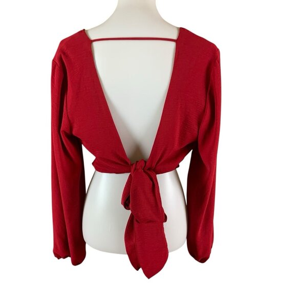 Lulus Red Long Sleeve Wrap Crop Top L Backless Blouse Holiday Party Chic - Picture 2 of 4
